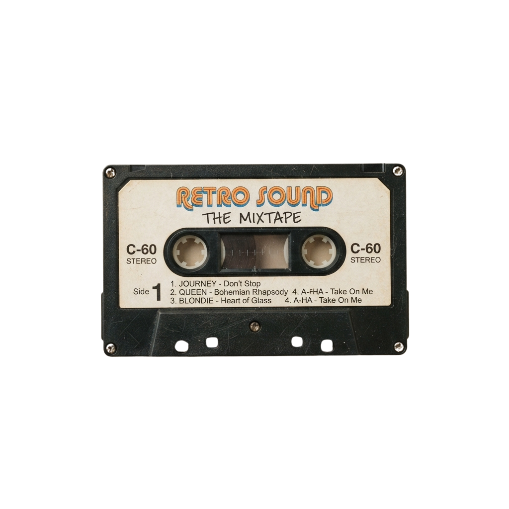 Black cassette tape labeled Retro Sound The Mixtape with Side 1 track listing including Journey, Queen, Blondie, and A-HA songs