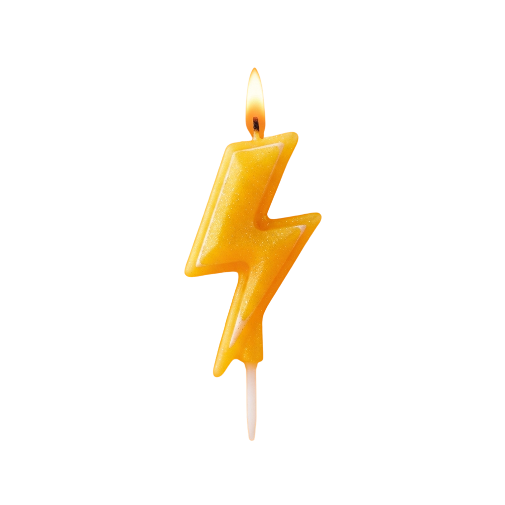 Single orange lightning-shaped birthday candle with a lit wick against a black background
