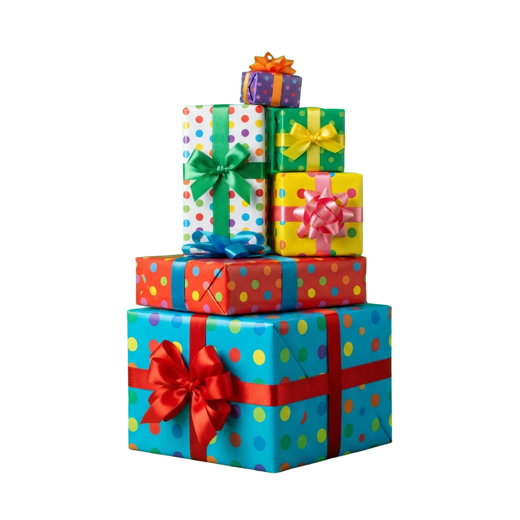 Five colorful gift boxes stacked in a pyramid shape with decorative ribbons on a black background