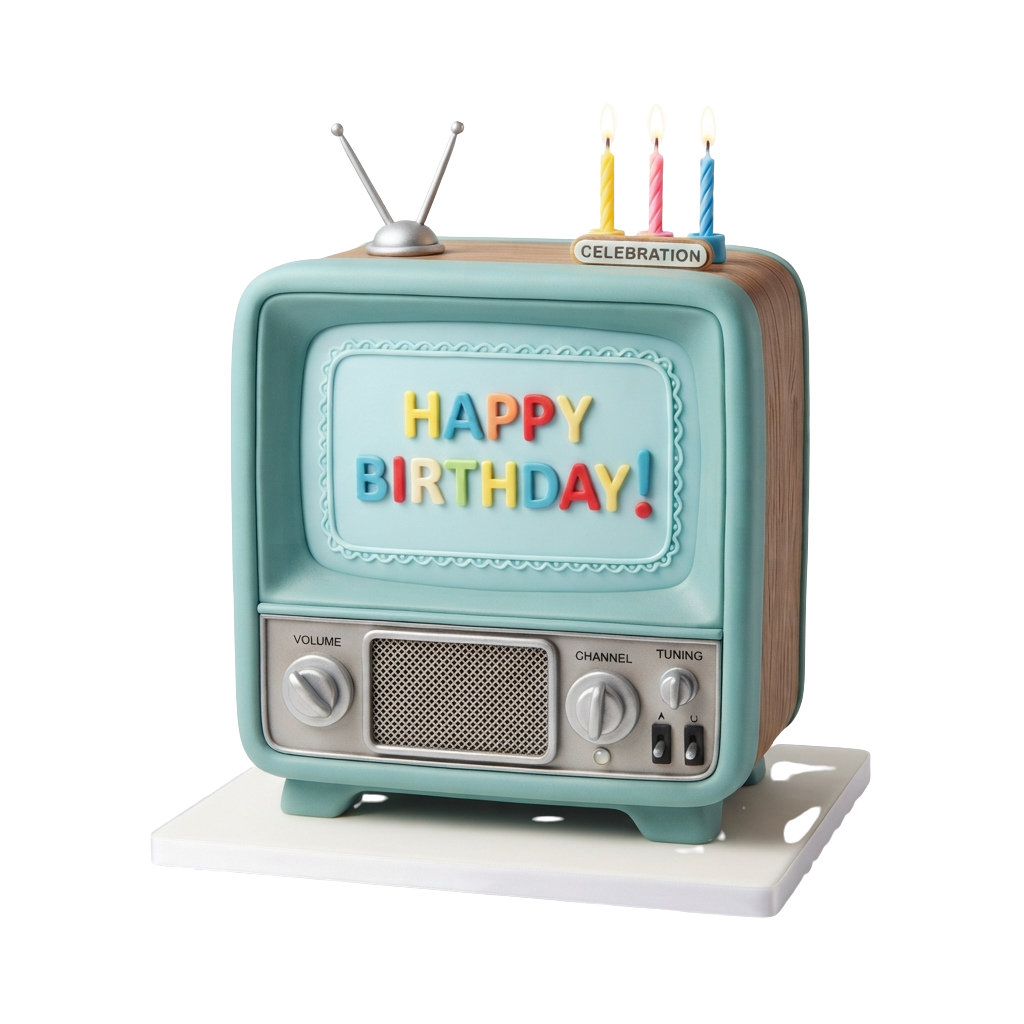 Decorative cake shaped like an old-fashioned TV displaying Happy Birthday message with three lit candles on top