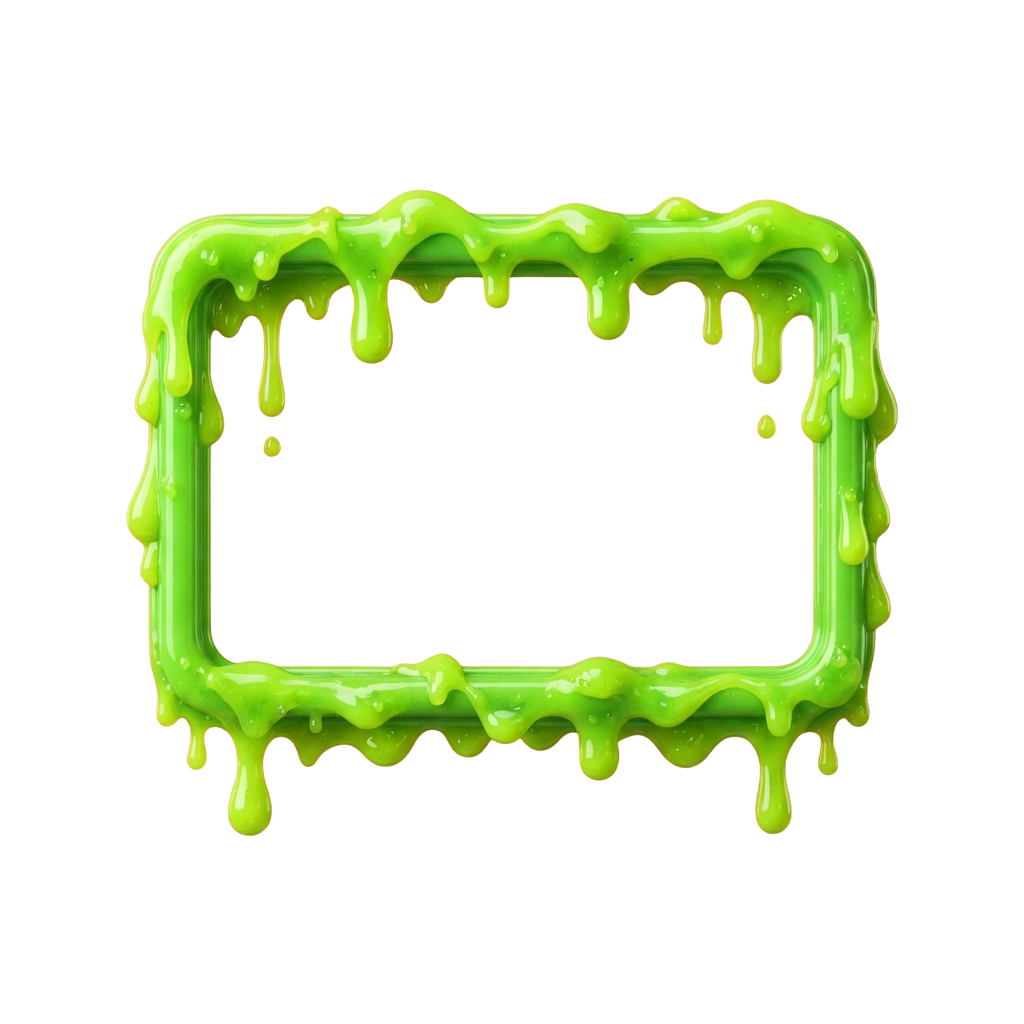 A glowing green frame with dripping paint effects along its edges against a dark background