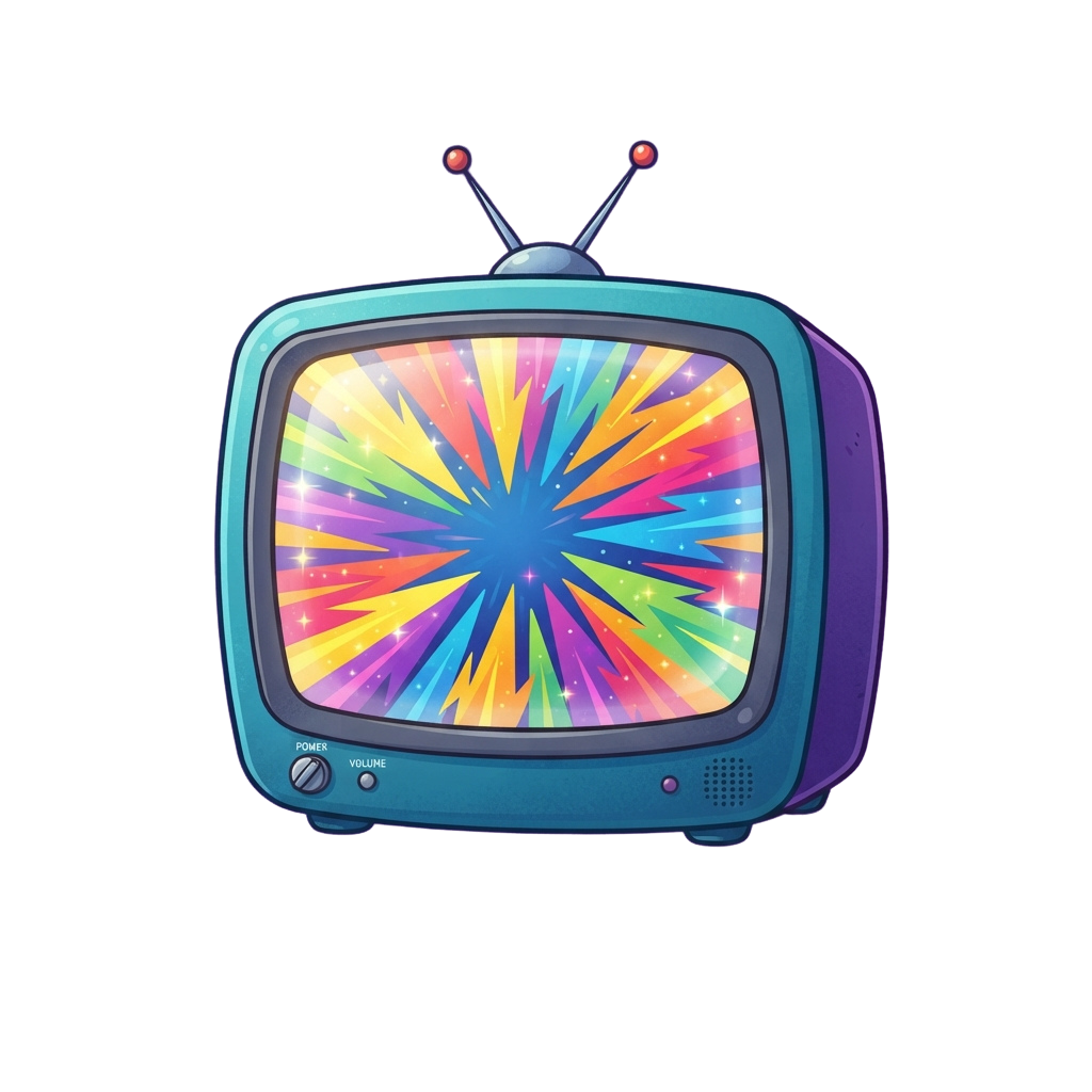A retro-style CRT television displaying a vibrant, colorful radial light pattern