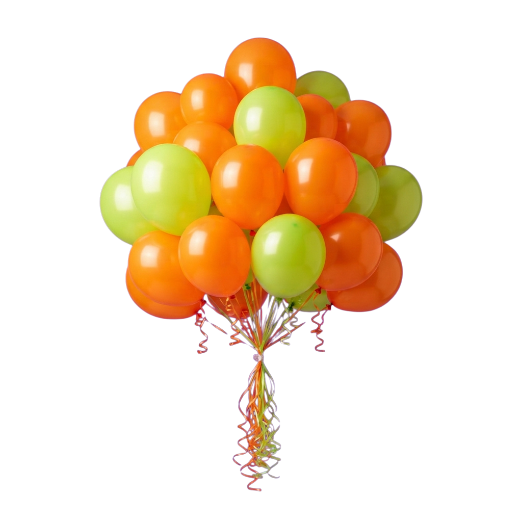 A cluster of orange and green balloons tied together with colorful streamers