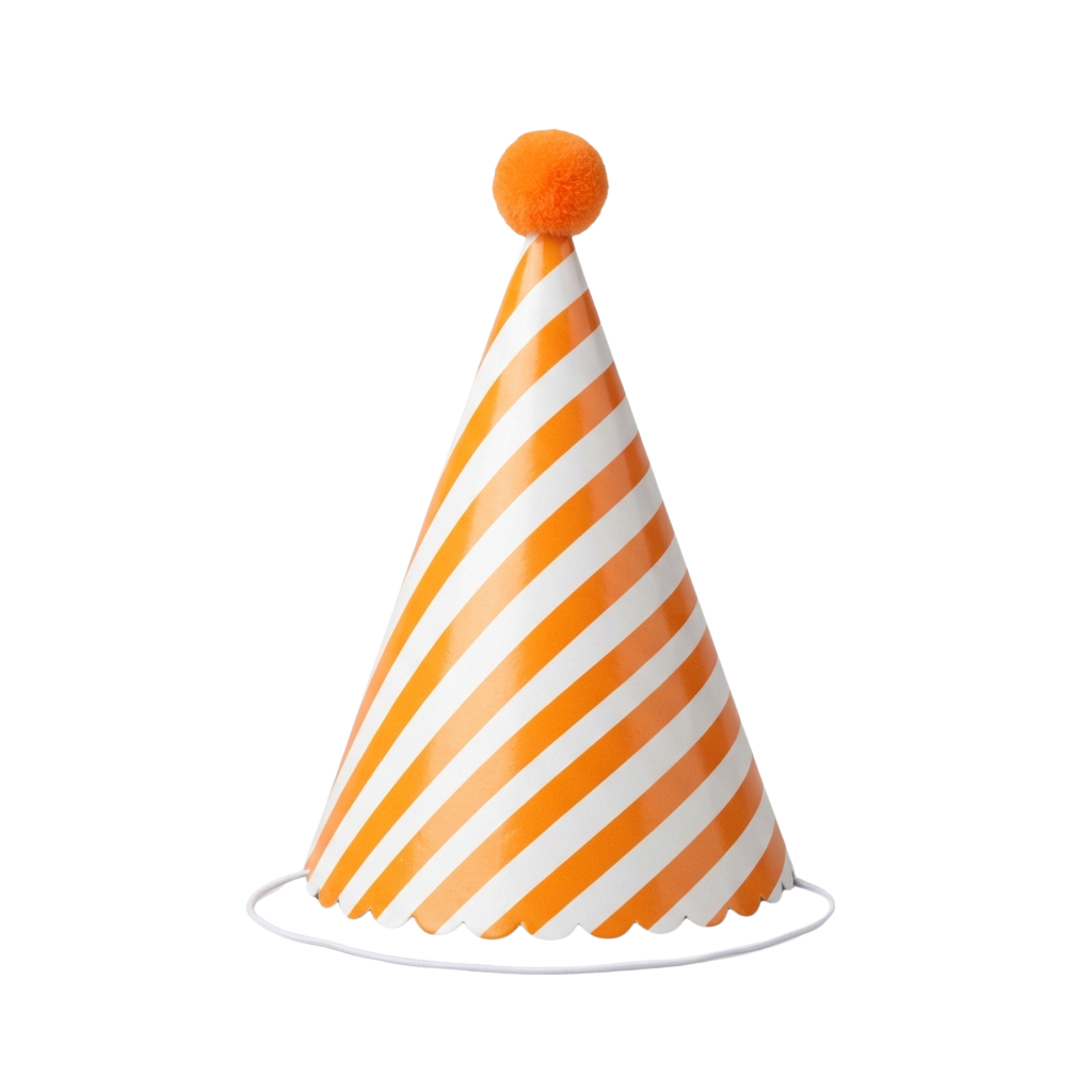 Bright orange and white striped party hat with a scalloped edge and orange pom pom on top