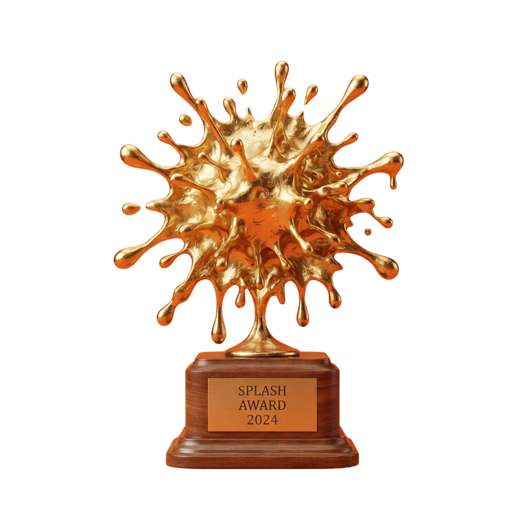 Golden trophy with liquid splash design on wooden base labeled Splash Award 2024