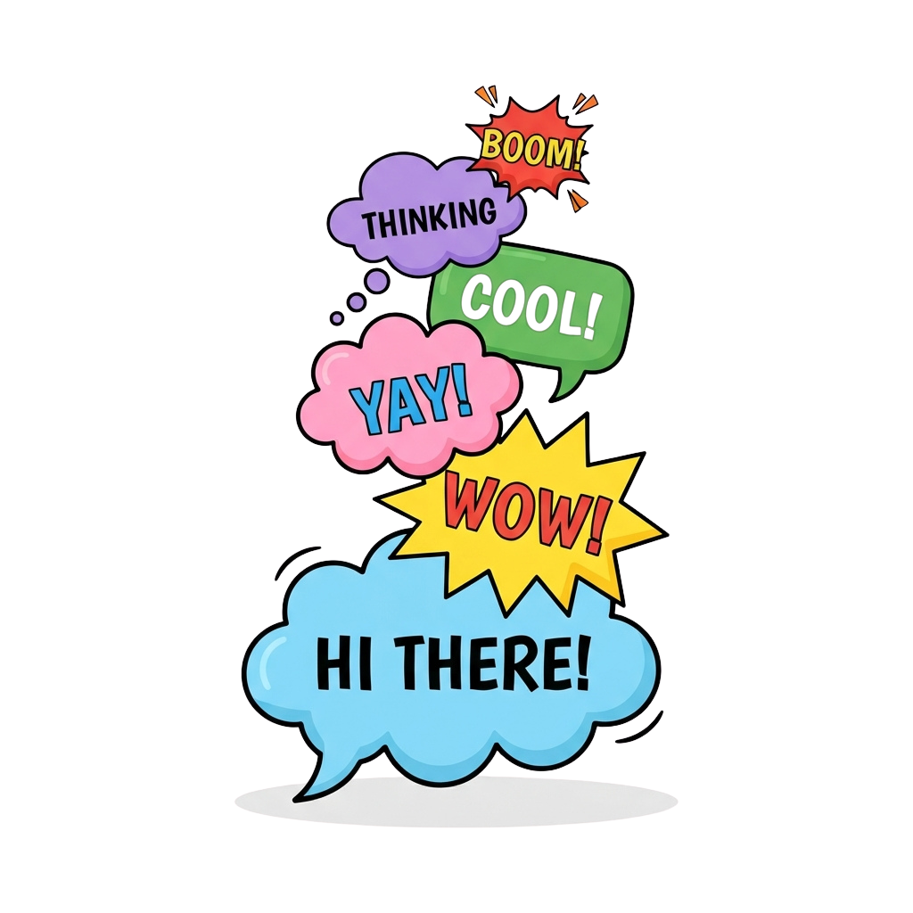 Stacked colorful speech bubbles with words thinking, cool, yay, wow, boom, and hi there