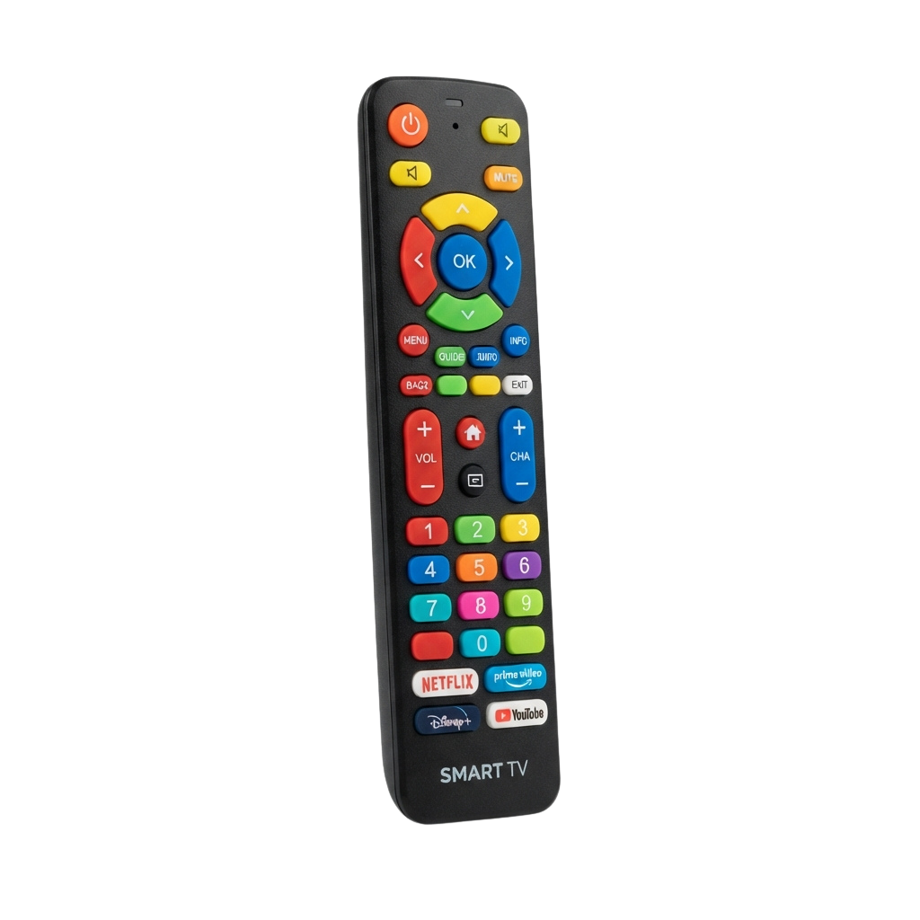 Black smart TV remote with directional pad, number keys, volume controls, and streaming service buttons