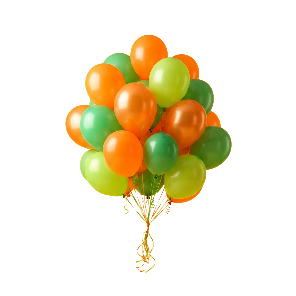 A cluster of orange, green, and yellow balloons tied together with strings against a black background