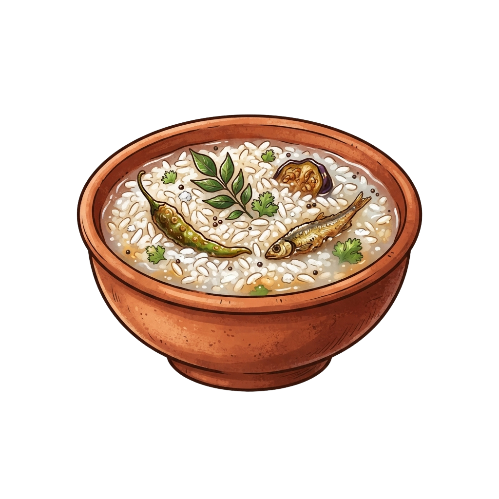 Clay pot filled with rice, fish, green vegetables, and herbs
