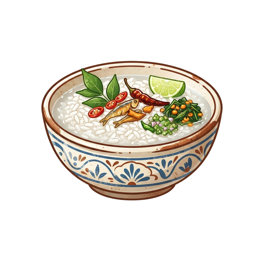 Ceramic bowl filled with rice soup garnished with chili peppers, lime, herbs, and fried shallots