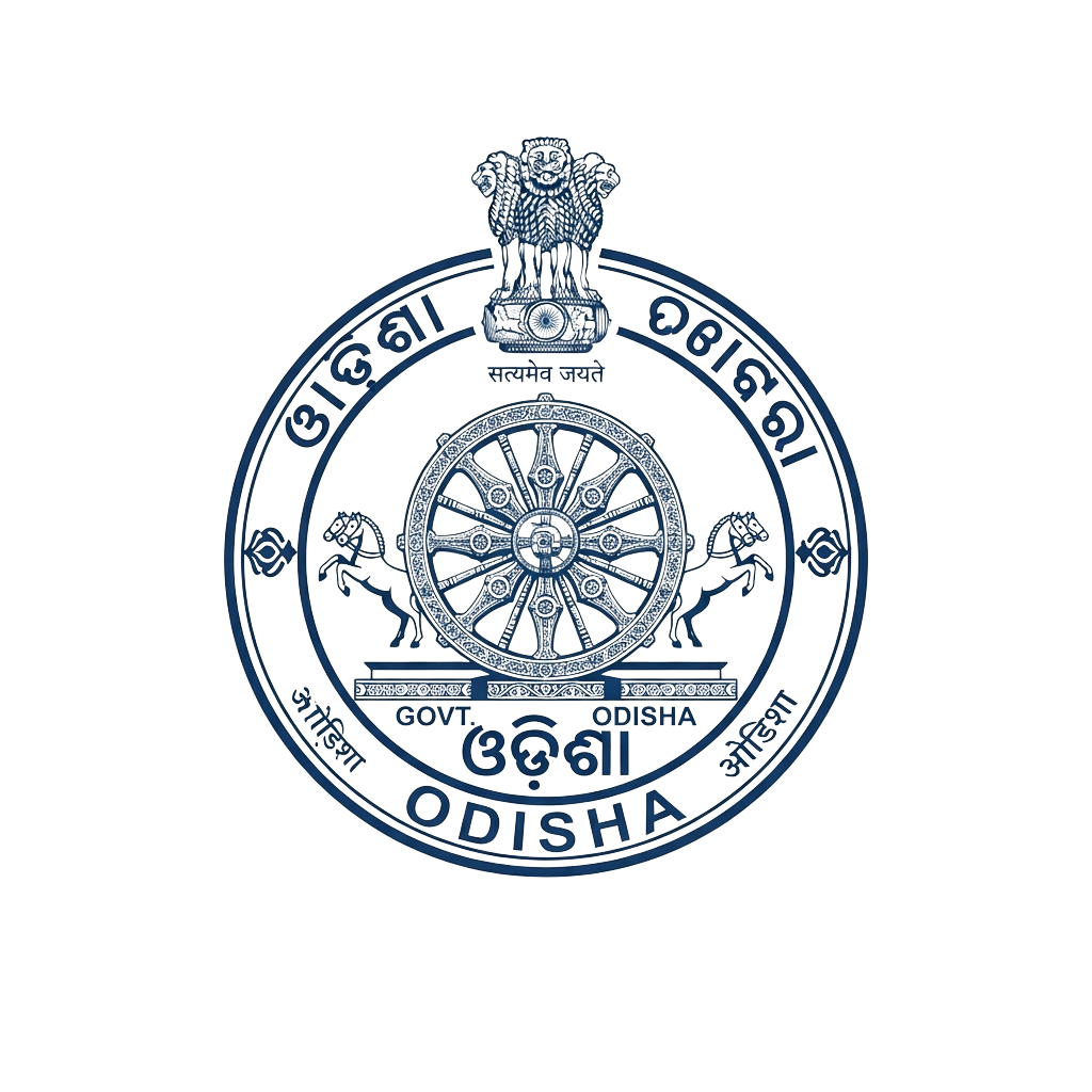 Emblem of Odisha featuring Ashoka Chakra, lions, state motto, and national emblem of India