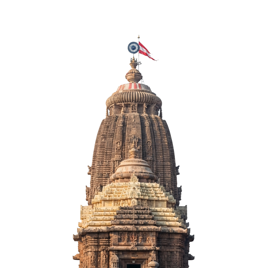 A detailed view of a traditional Hindu temple tower topped with an Indian flag at dusk