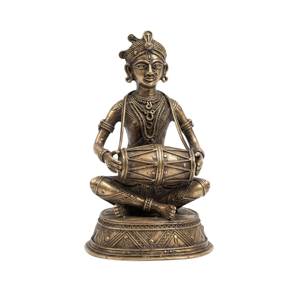 Bronze statue of a seated woman playing a traditional barrel drum, adorned with jewelry and intricate attire