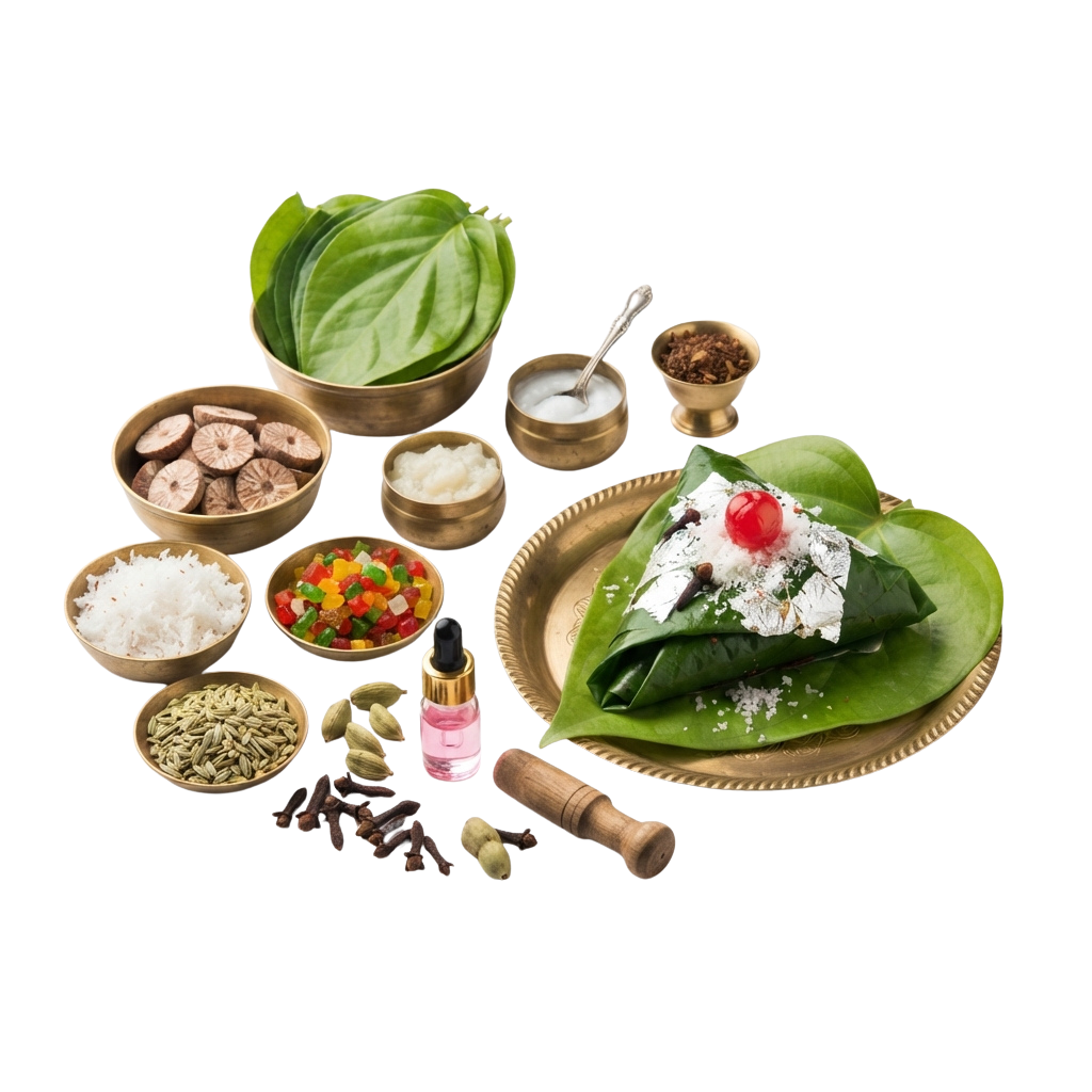 Bowl of ingredients and a coconut cake on a leaf with toppings like powdered sugar and cherry