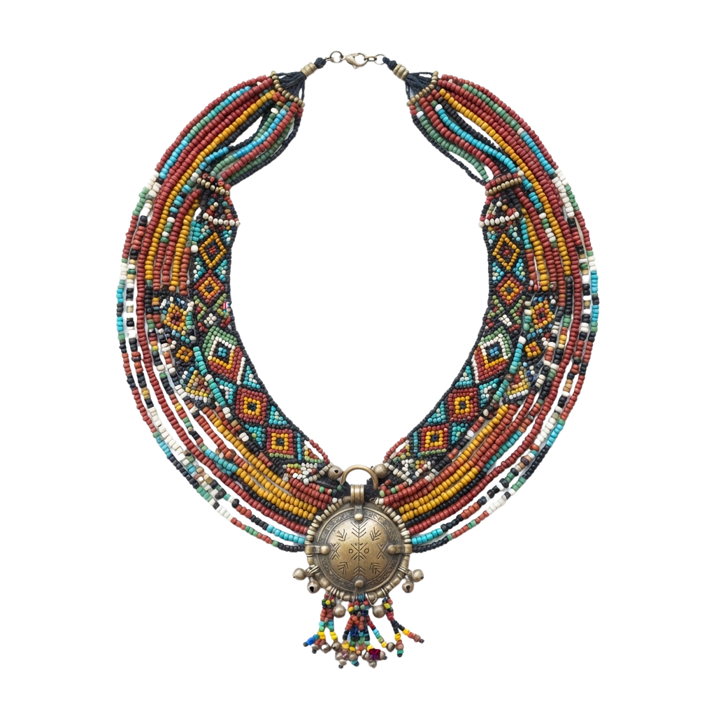Vibrant beaded necklace featuring geometric patterns and a decorative metal pendant with tassels.