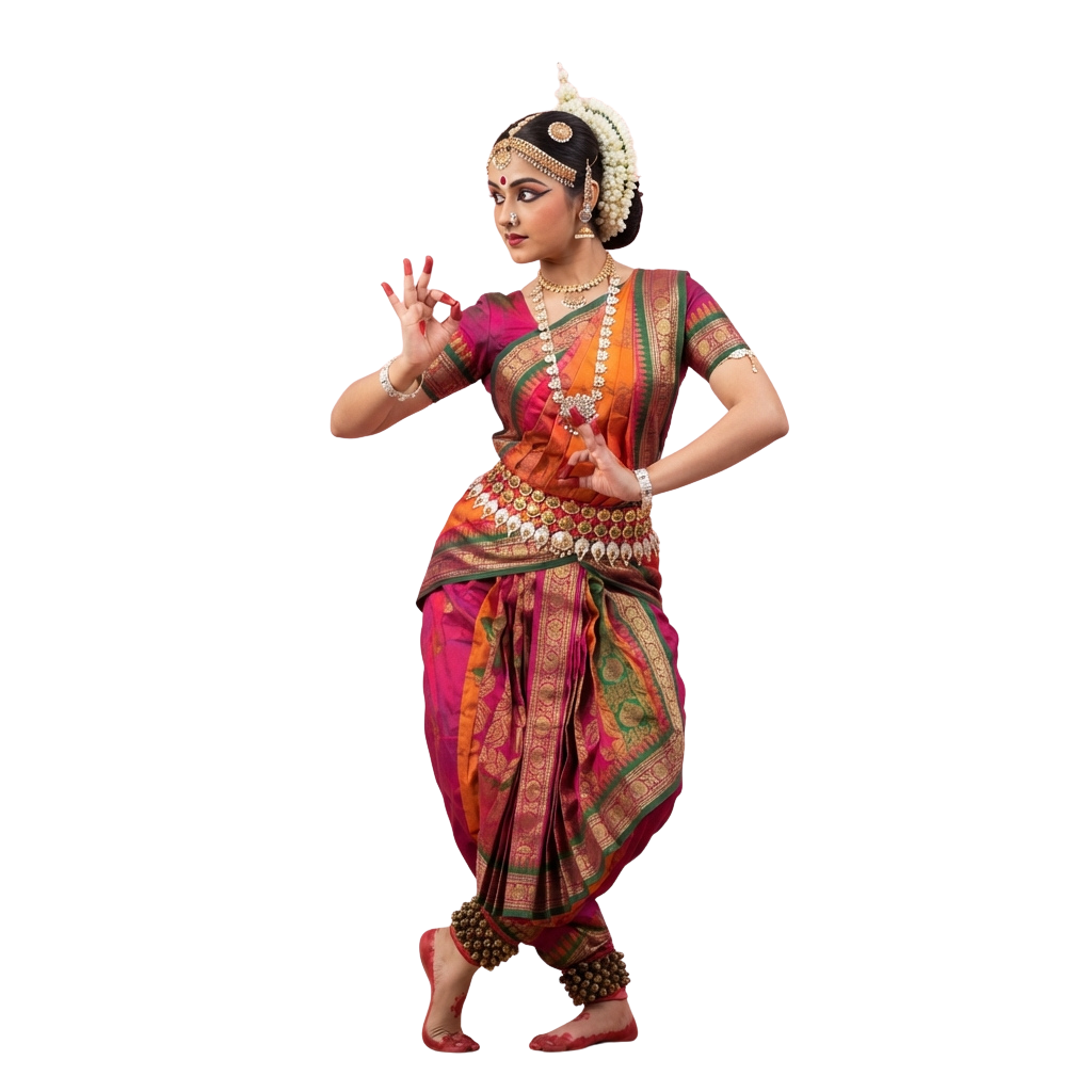 Woman performing classical Indian dance in colorful traditional attire with hand gesture