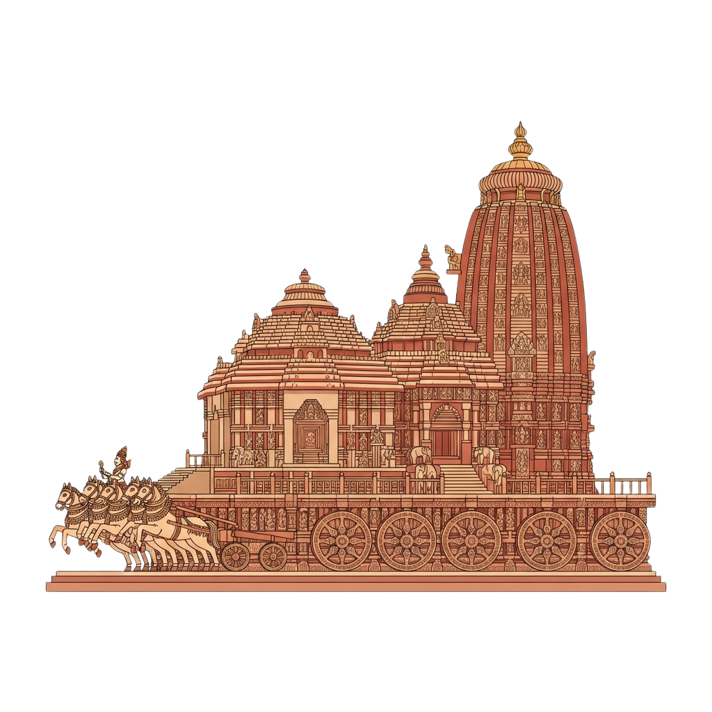 A detailed model of an ornate temple with a chariot pulled by horses in front.