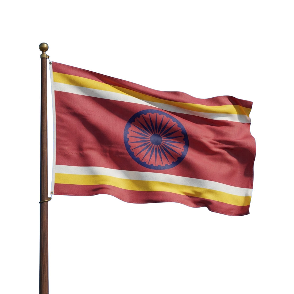 Flag waving with a navy blue Ashoka Chakra in the center and three horizontal stripes in saffron, white, and indigo