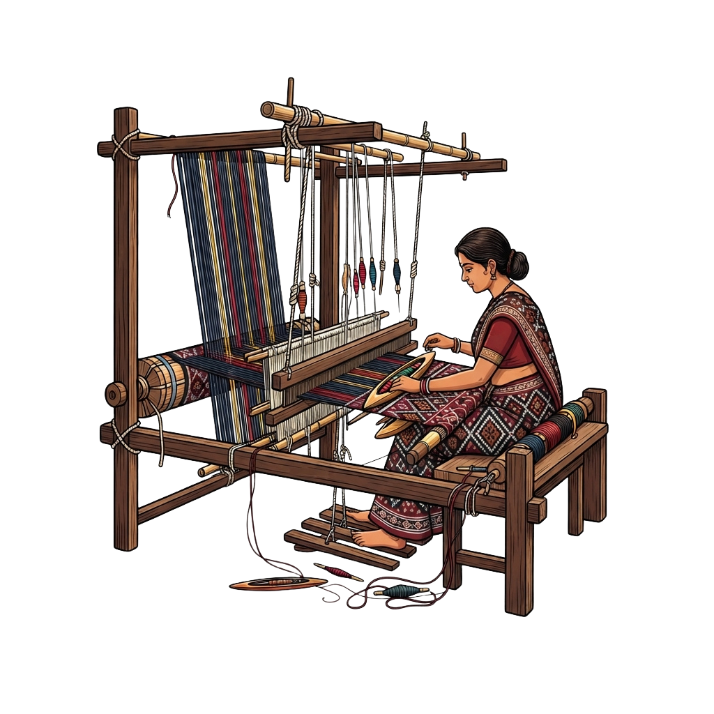 A person weaving colorful fabric on a wooden handloom weaving machine.