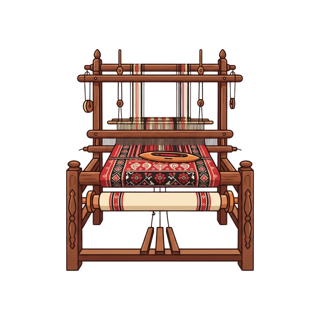 A wooden handloom weaving machine producing a patterned red and black fabric with intricate designs.