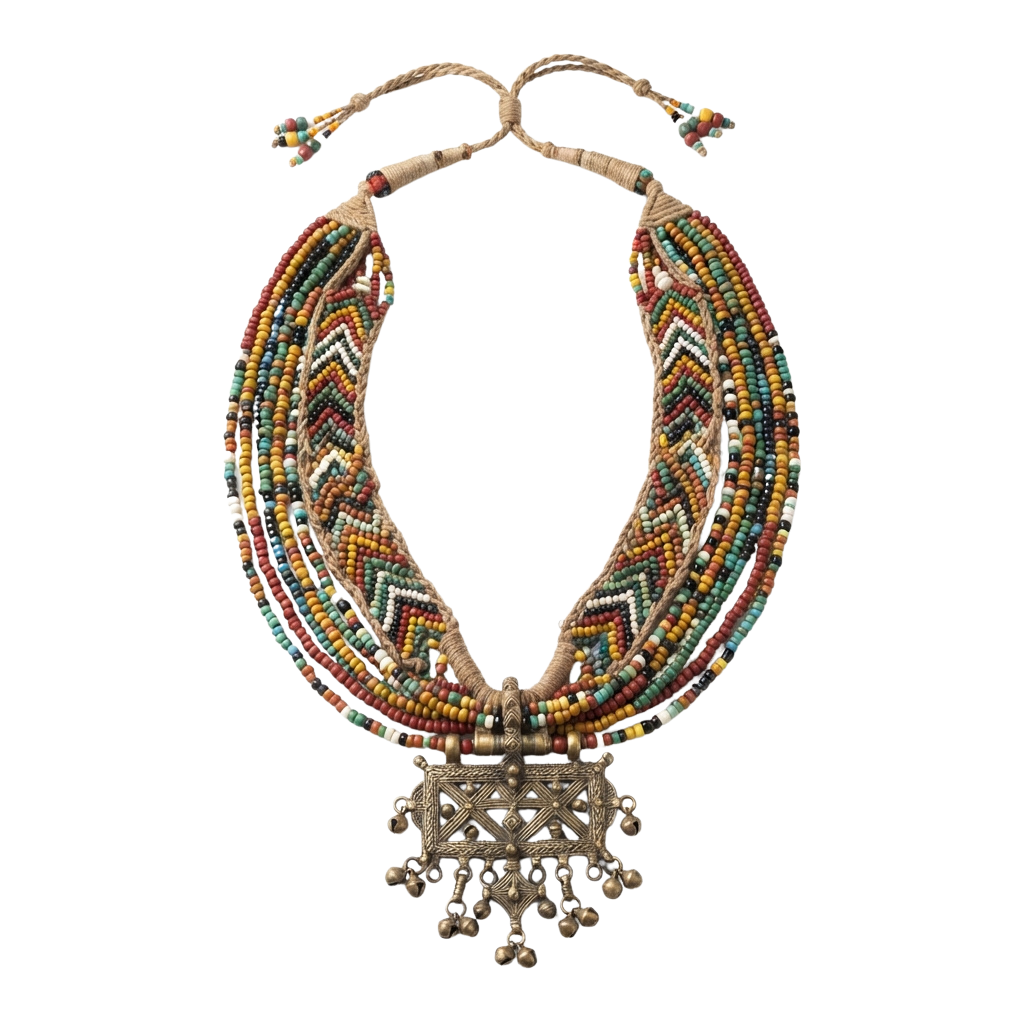 A beaded necklace with intricate geometric patterns and a decorative metal pendant featuring tassels.