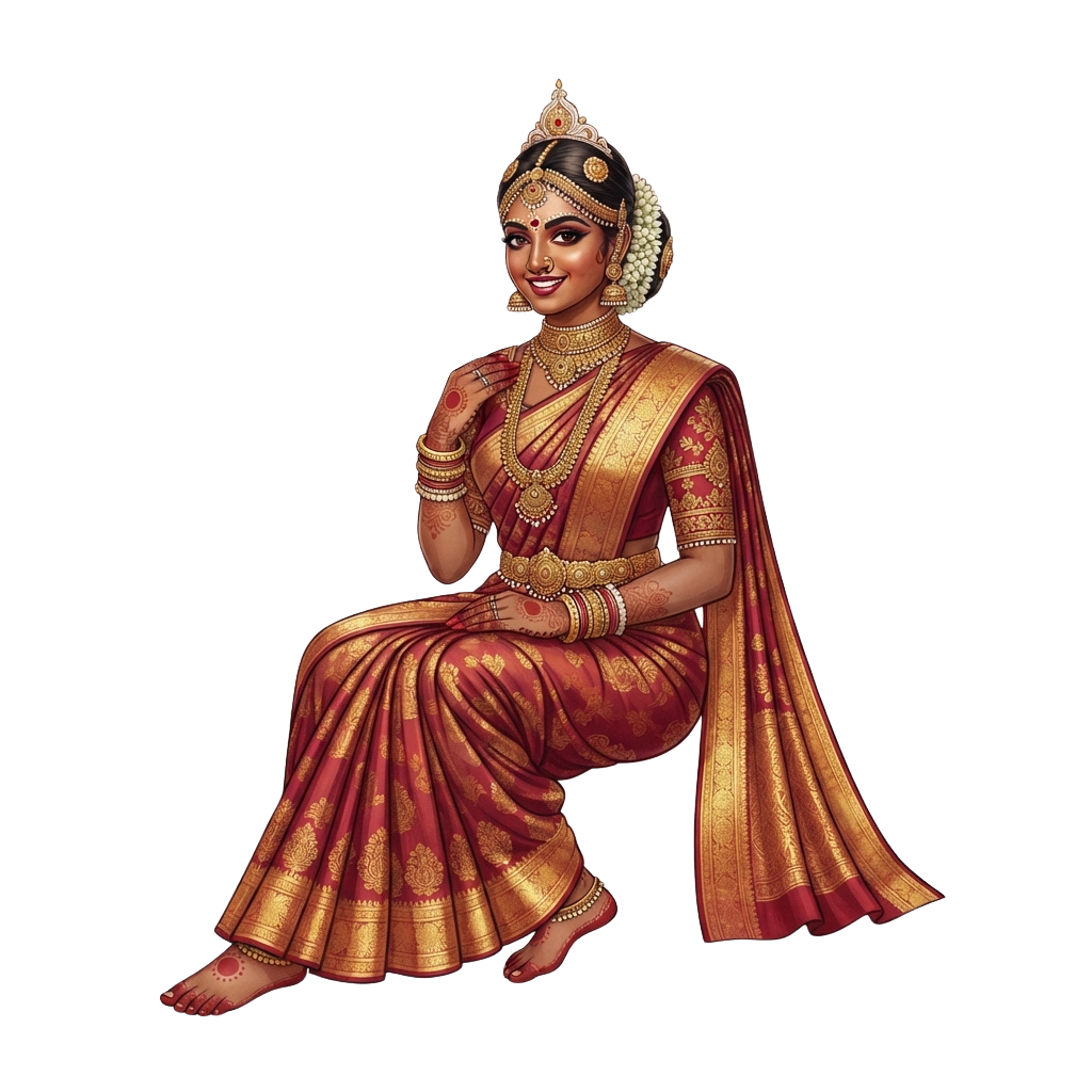 A woman dressed in traditional South Indian Bharatanatyam attire sitting gracefully with ornate jewelry and a maroon saree with gold borders