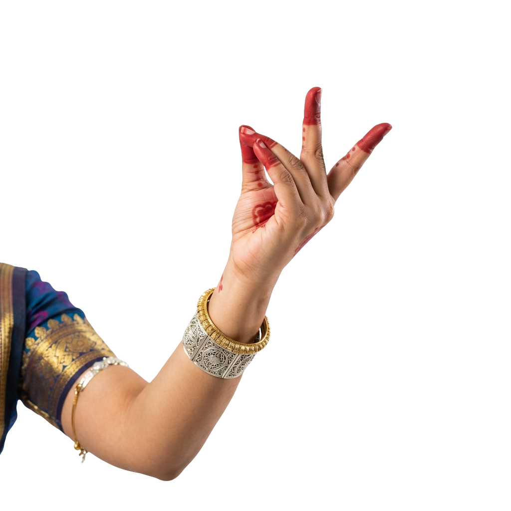 Hand making a traditional Indian dance gesture with red nail polish and gold bracelets