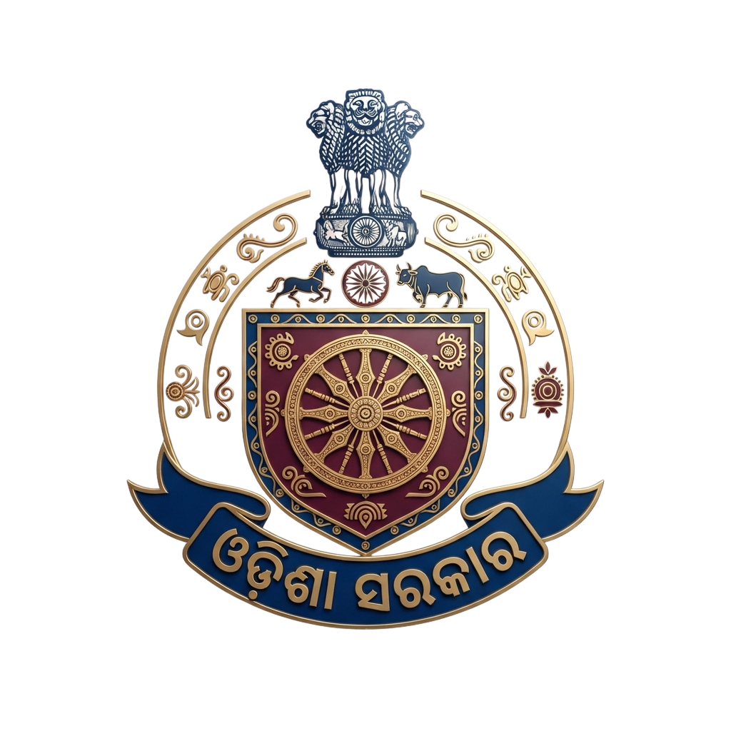 Odisha State Police emblem featuring Ashoka Chakra, lion capital, and state motto in Odia script