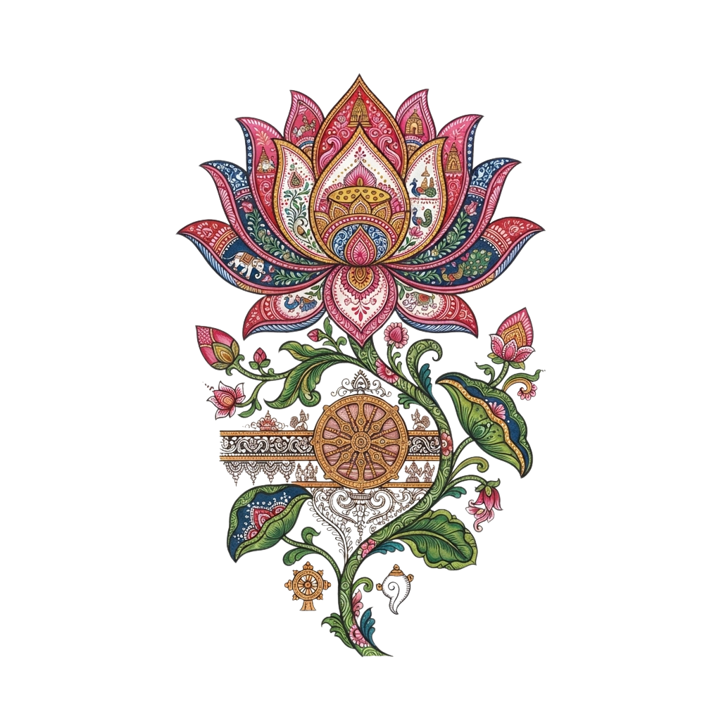 Colorful detailed illustration of a stylized lotus flower with mandala patterns and decorative leaves on a dark background