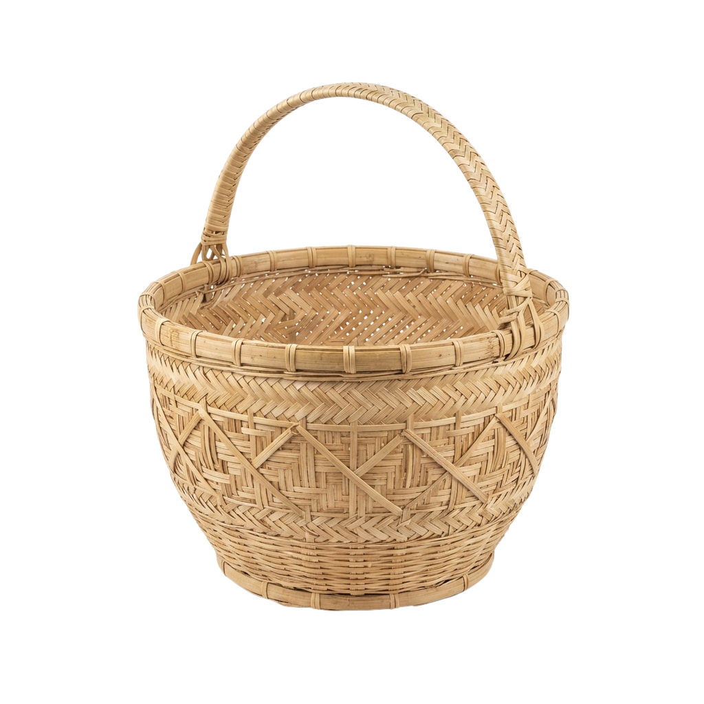 Light beige woven basket with geometric patterns and a sturdy handle