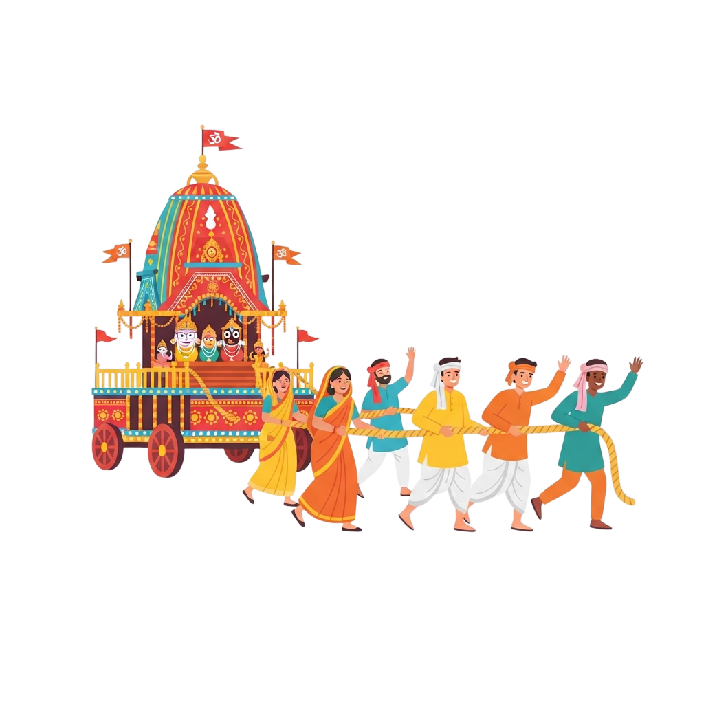Illustration of a colorful Indian festival procession featuring a decorated chariot and celebratory participants