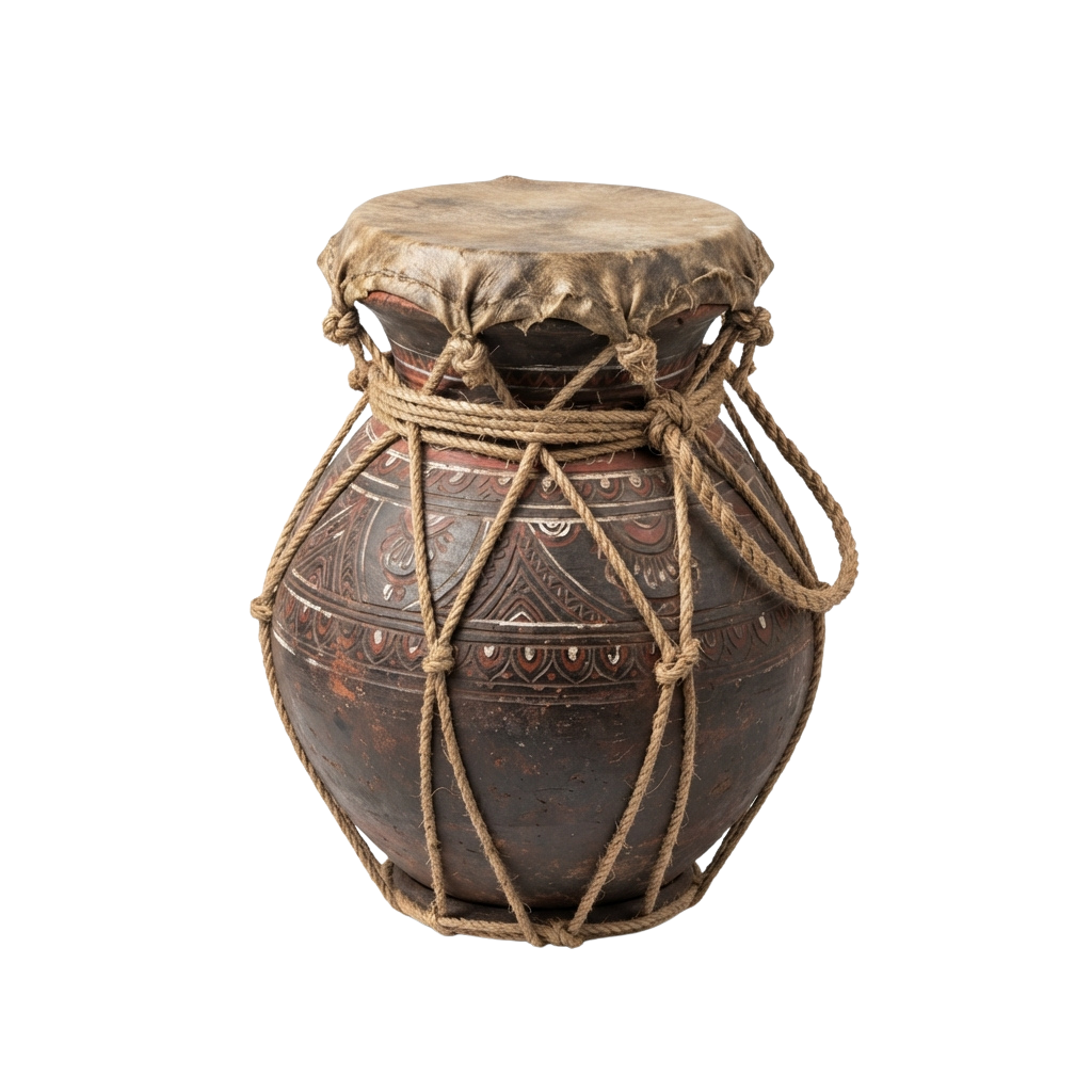 An intricately designed clay drum with geometric patterns and natural rope bindings