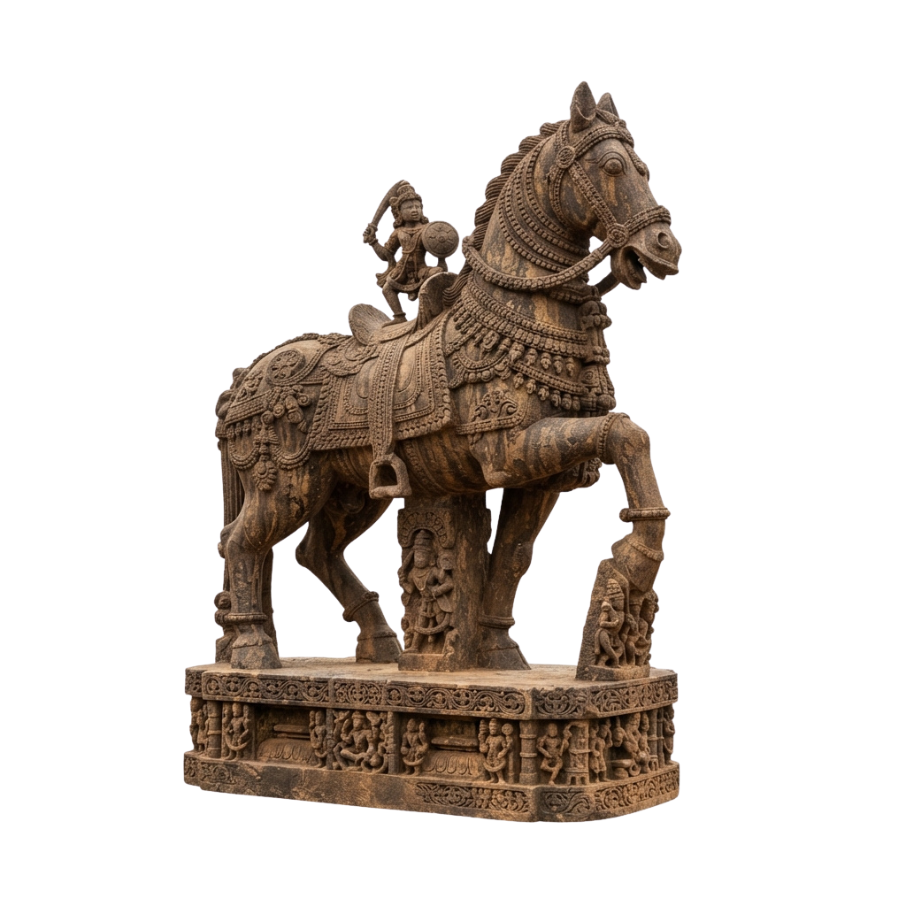Intricate stone sculpture of a horse with a rider, adorned with detailed carvings and decorative elements.