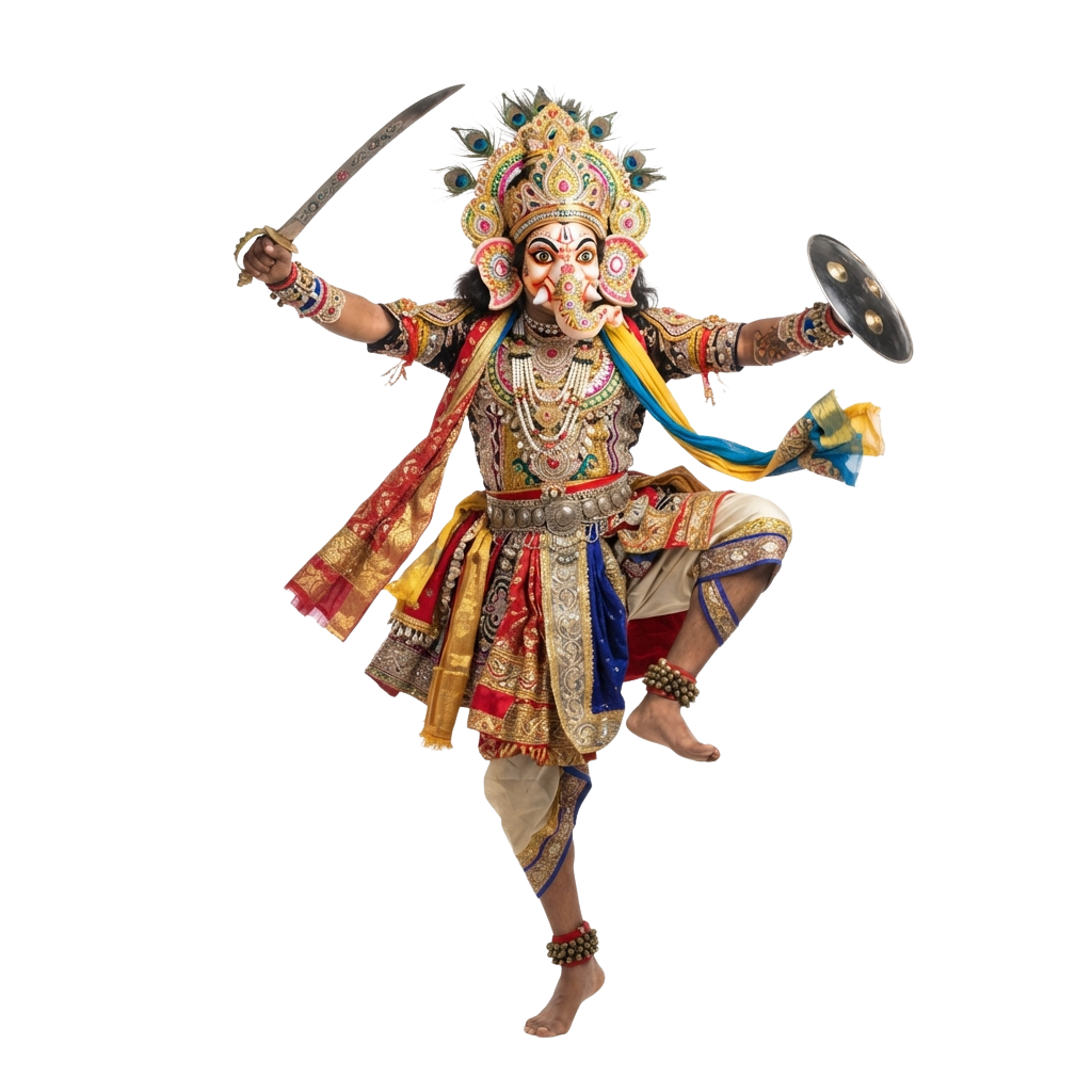 Person dressed as Ganesha in a dynamic warrior dance pose with sword and drum.
