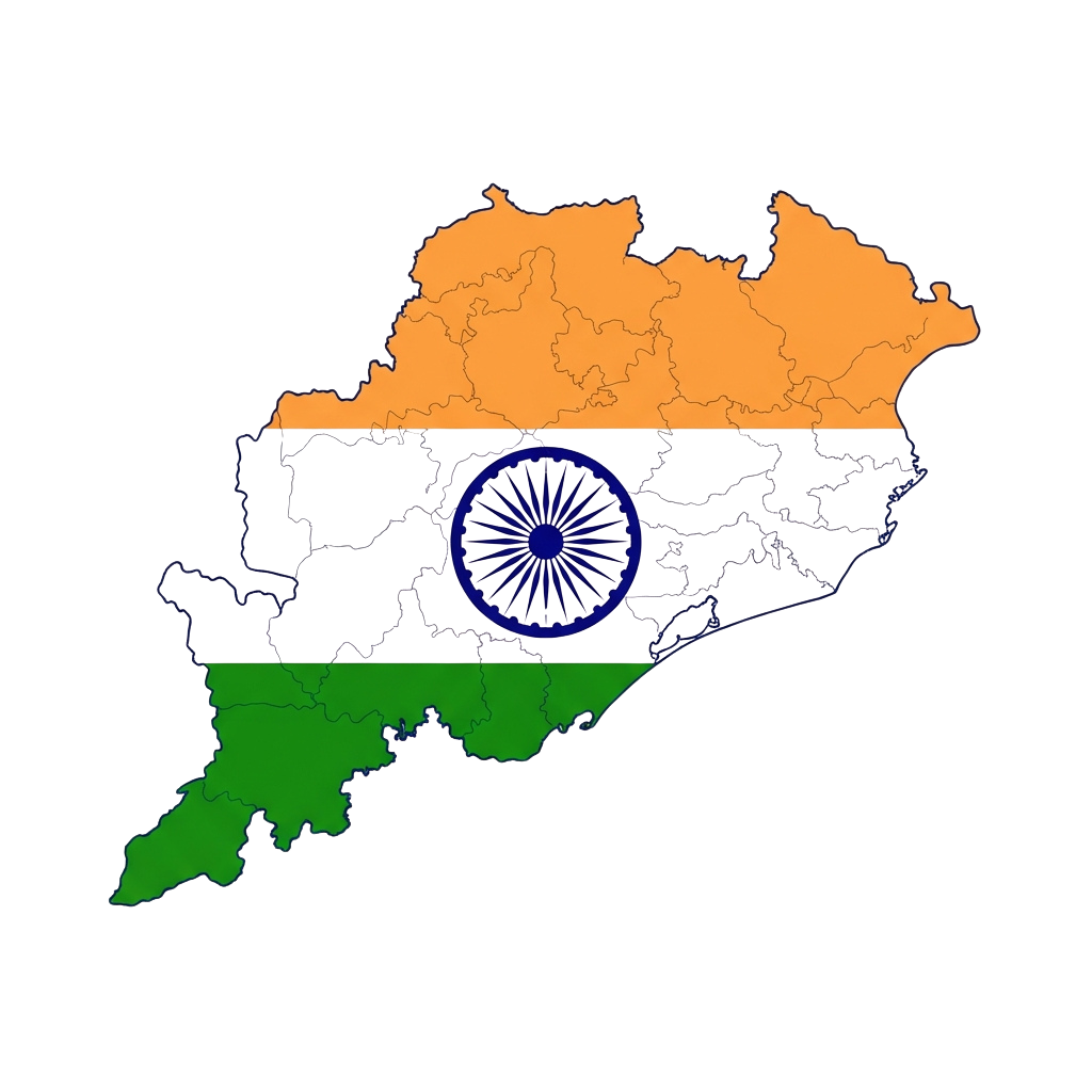 Map divided into three colored sections with a central blue circular symbol featuring radiating lines.