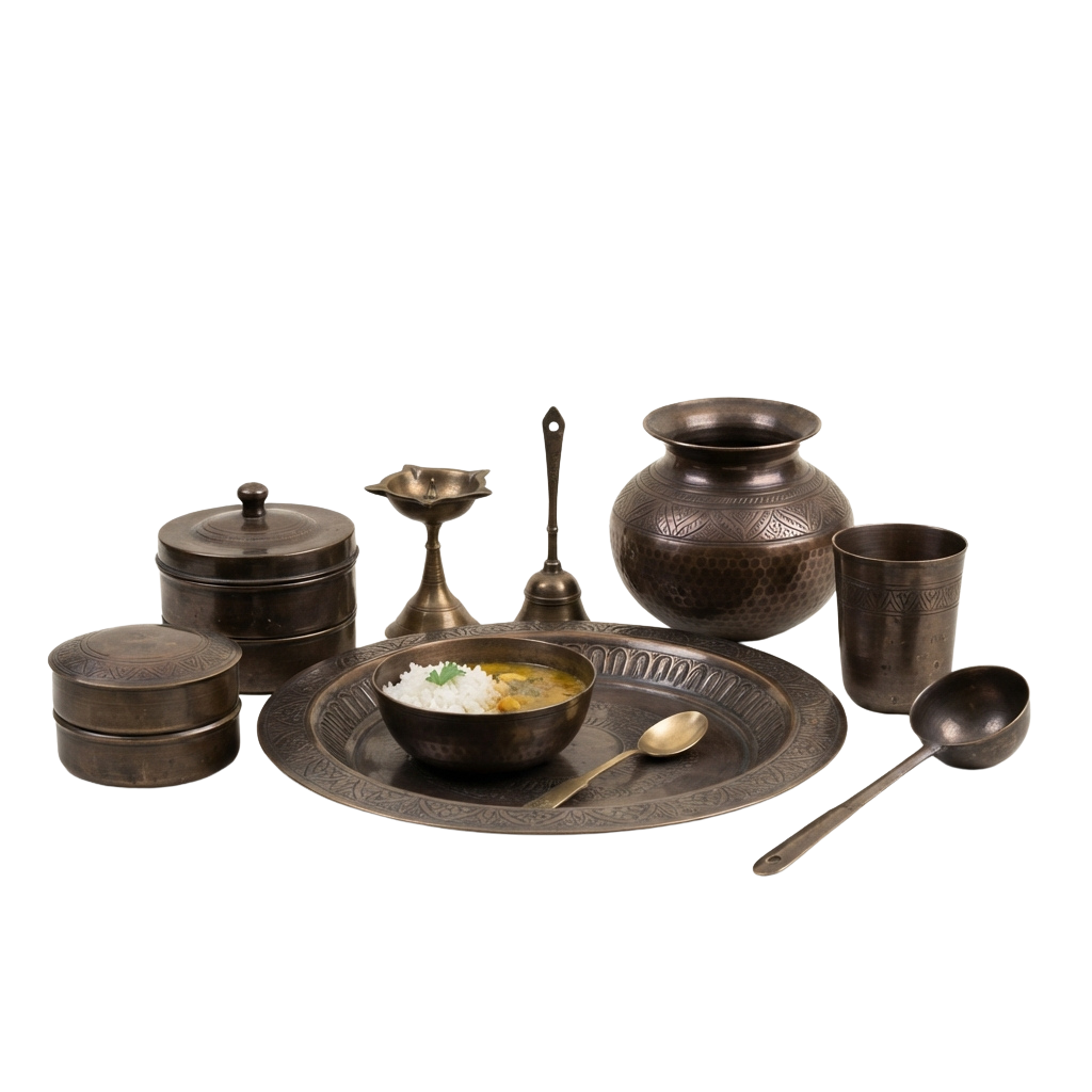 Brass Indian kitchenware set including pots, bowls, spoons, and a lamp on a decorative tray with food