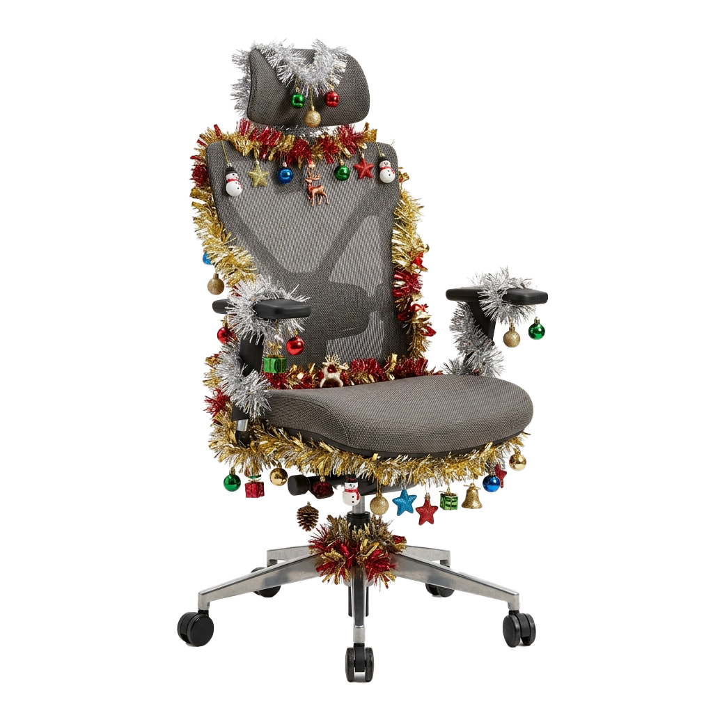 Office chair wrapped in holiday garland and ornaments including stars, snowflakes, and baubles
