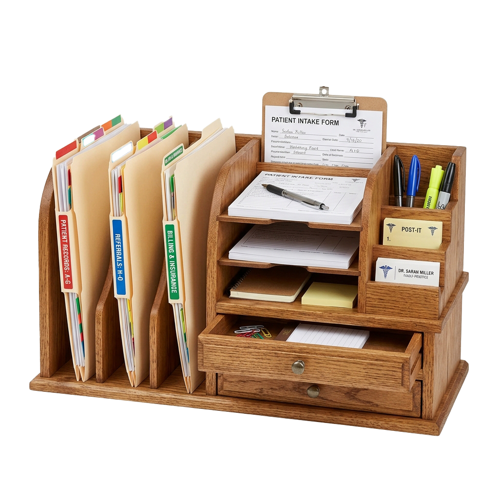 Wooden medical office organizer holding patient files, forms, pens, and stationery