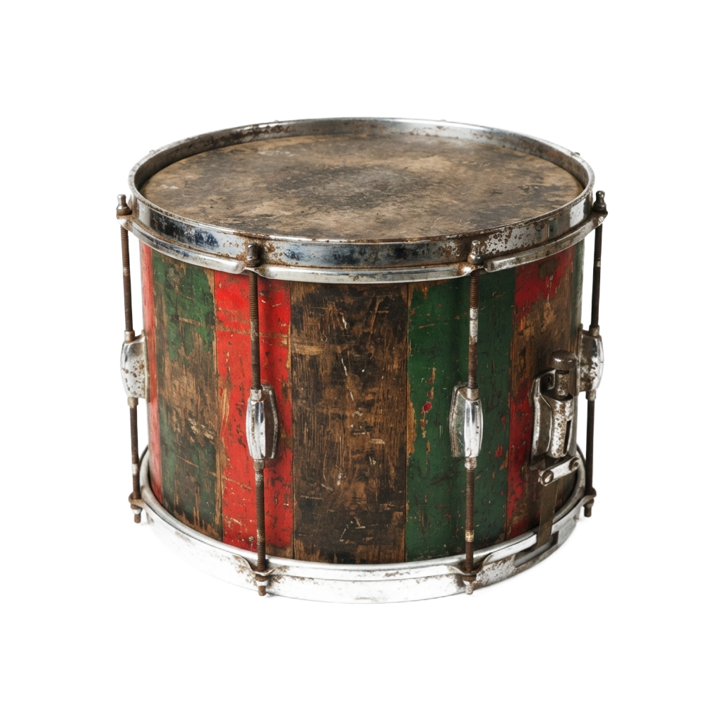 Old snare drum showing worn red, green, and brown paint with chipped metal rim and hardware