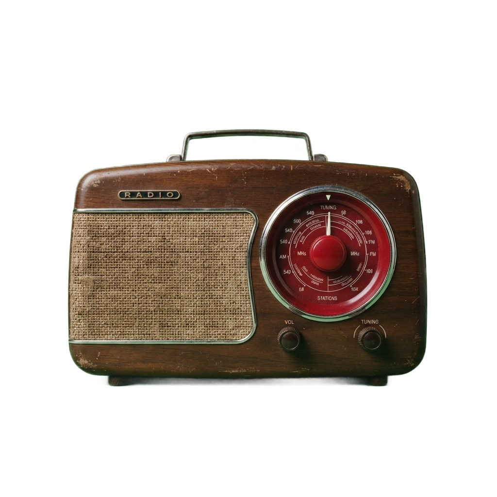 A vintage portable radio with a round tuning dial and speaker grille