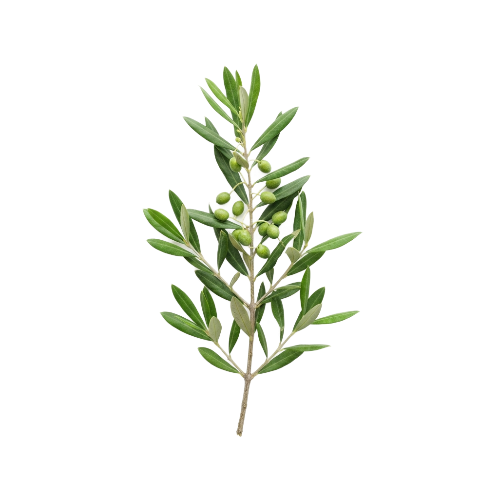 An olive branch featuring green leaves and unripe green olives against a black background