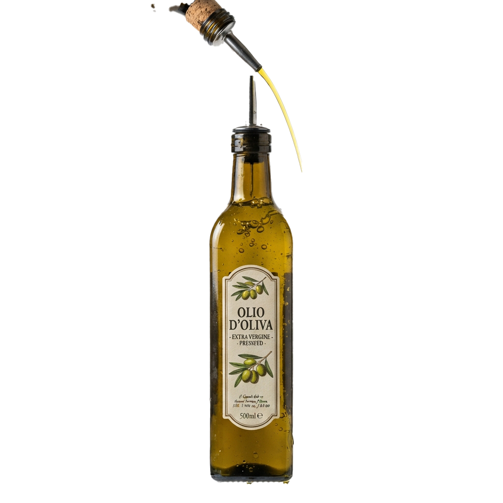 A bottle of extra virgin olive oil with a pouring spout dispensing golden liquid against a dark background