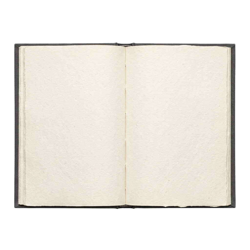 Two open blank pages of a book with visible spine and crease