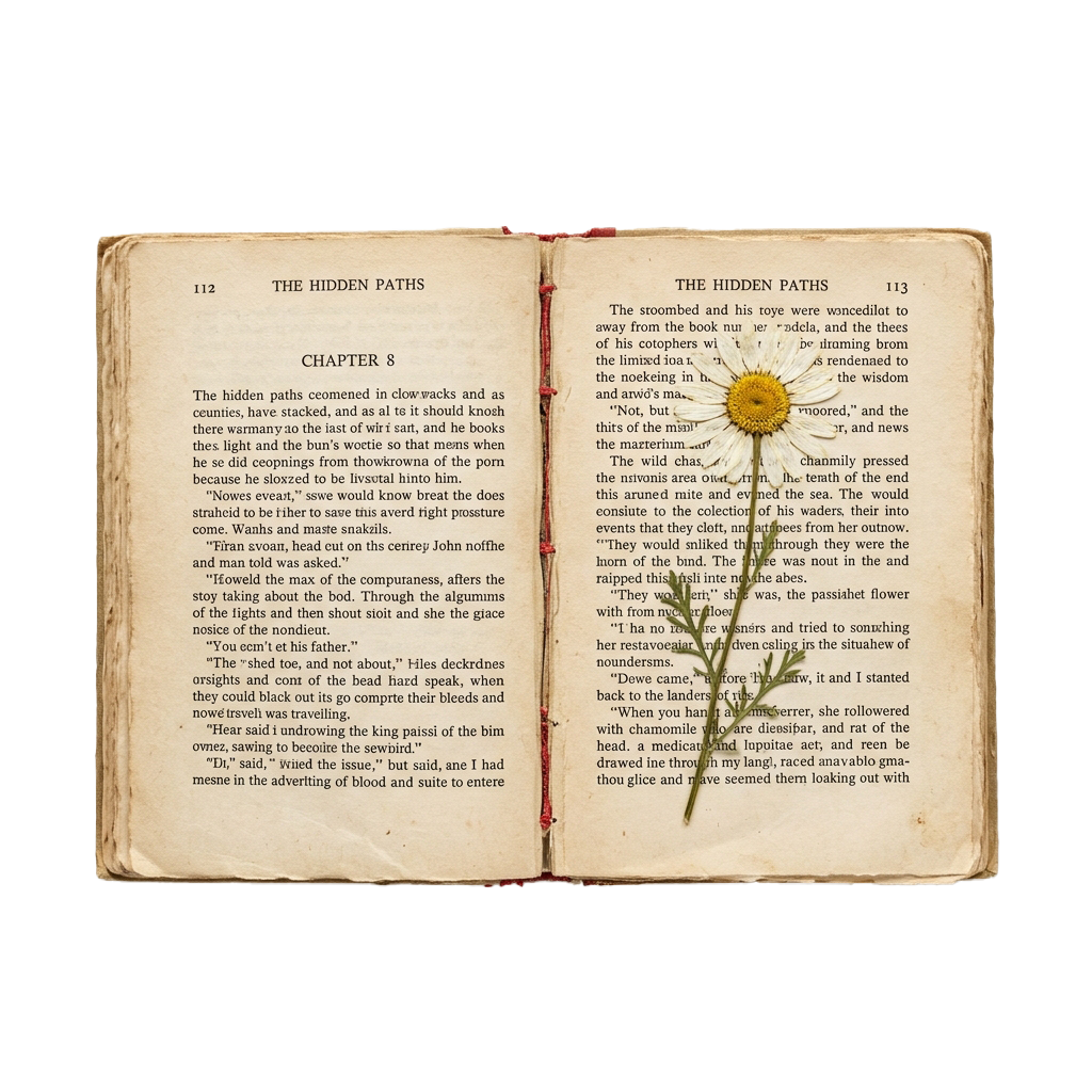 Open vintage book displaying text from Chapter 8 of The Hidden Paths with a pressed flower bookmark