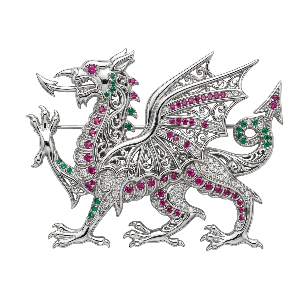 Detailed silver dragon brooch adorned with pink and green gemstones, standing on one leg with wings spread.