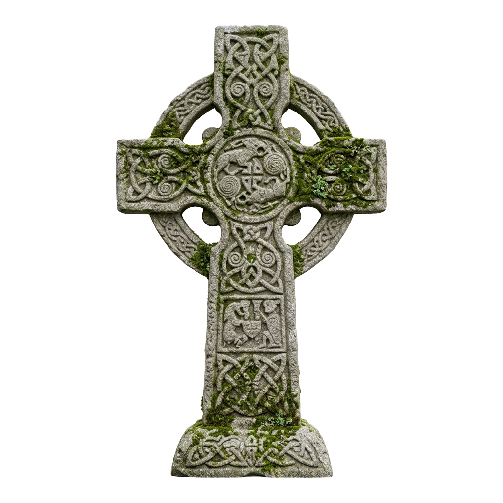 Intricate Celtic stone cross featuring detailed knotwork and spiral designs, showing signs of moss and age