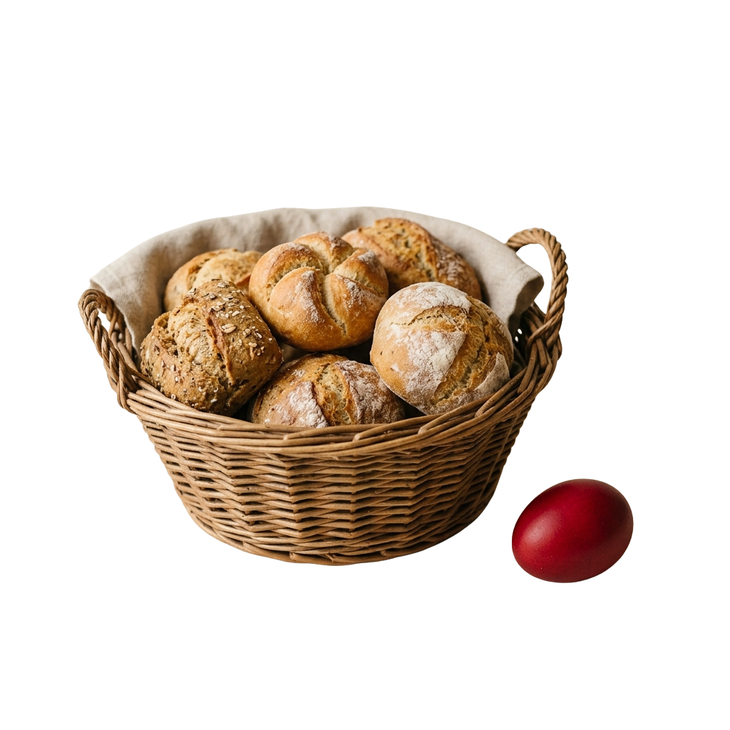 A wicker basket lined with cloth containing six freshly baked bread loaves with a red egg beside it
