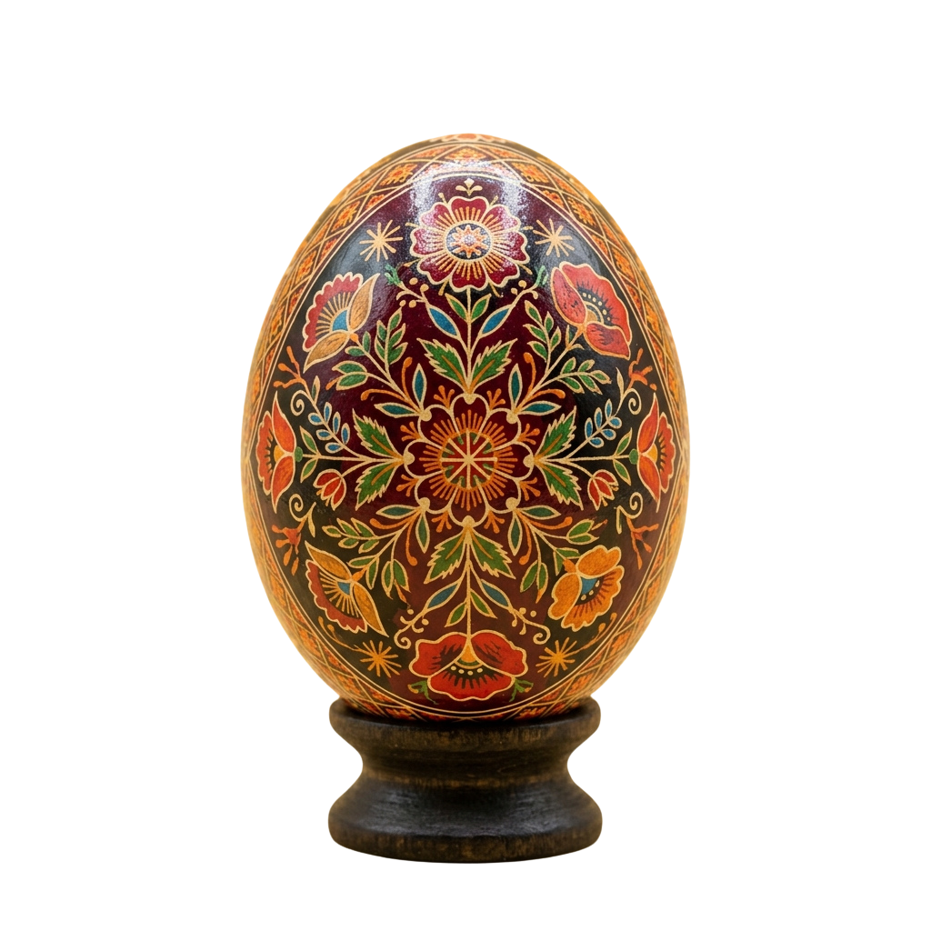 An intricately painted egg with colorful floral designs on a wooden base