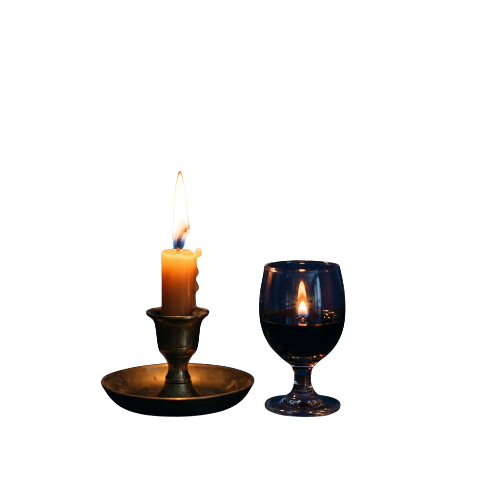 A lit candle in a metal holder beside a glass candle holder with a small flame inside