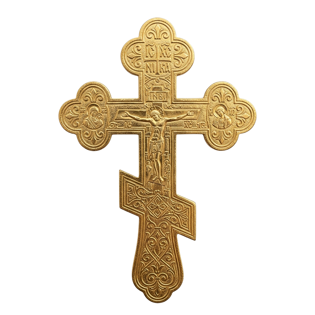 Decorative gold cross featuring a crucifixion relief and intricate patterns, including the INRI inscription.